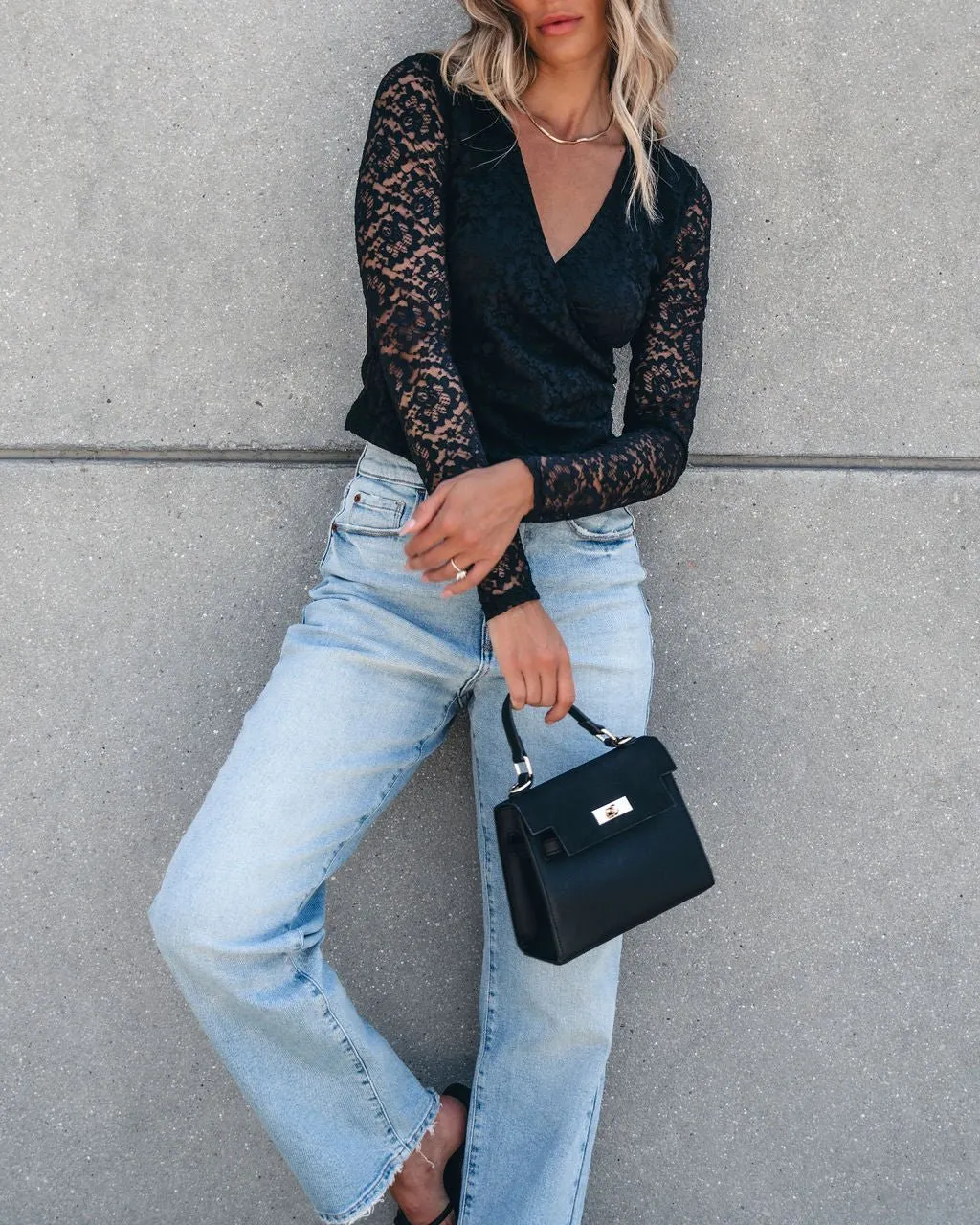 Sheer Sleeve Lace Top - Black