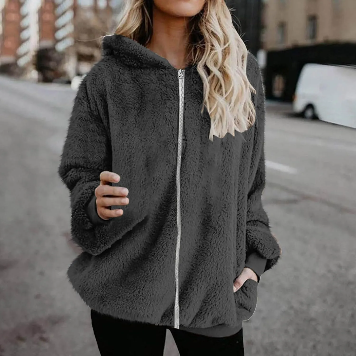 Sherpa Jacket for Women Fuzzy Zip Up Hoodie Casual Loose Warm Fluffy Jackets Fall Winter Fleece Coat with Pockets