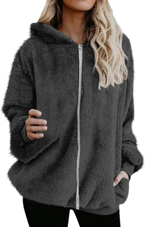 Sherpa Jacket for Women Fuzzy Zip Up Hoodie Casual Loose Warm Fluffy Jackets Fall Winter Fleece Coat with Pockets