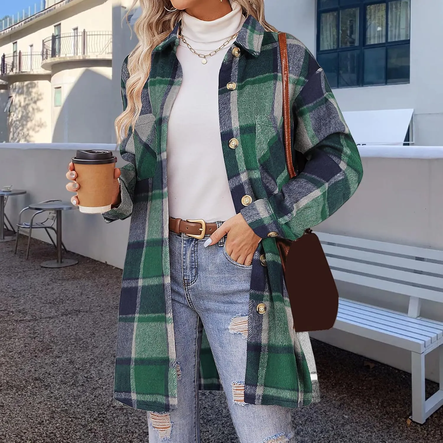 Shirts for Women Oversized Plaid Button Down Long Trench Coat Lightweight Long Sleeve Flannel Coat Shacket Jackets