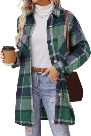 Shirts for Women Oversized Plaid Button Down Long Trench Coat Lightweight Long Sleeve Flannel Coat Shacket Jackets