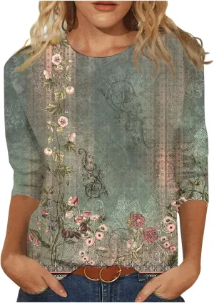 Shirts for Women Trendy 3/4 Sleeve Crewneck Cute Shirts Casual Print Three Guarter Length T Shirt Summer Pullover