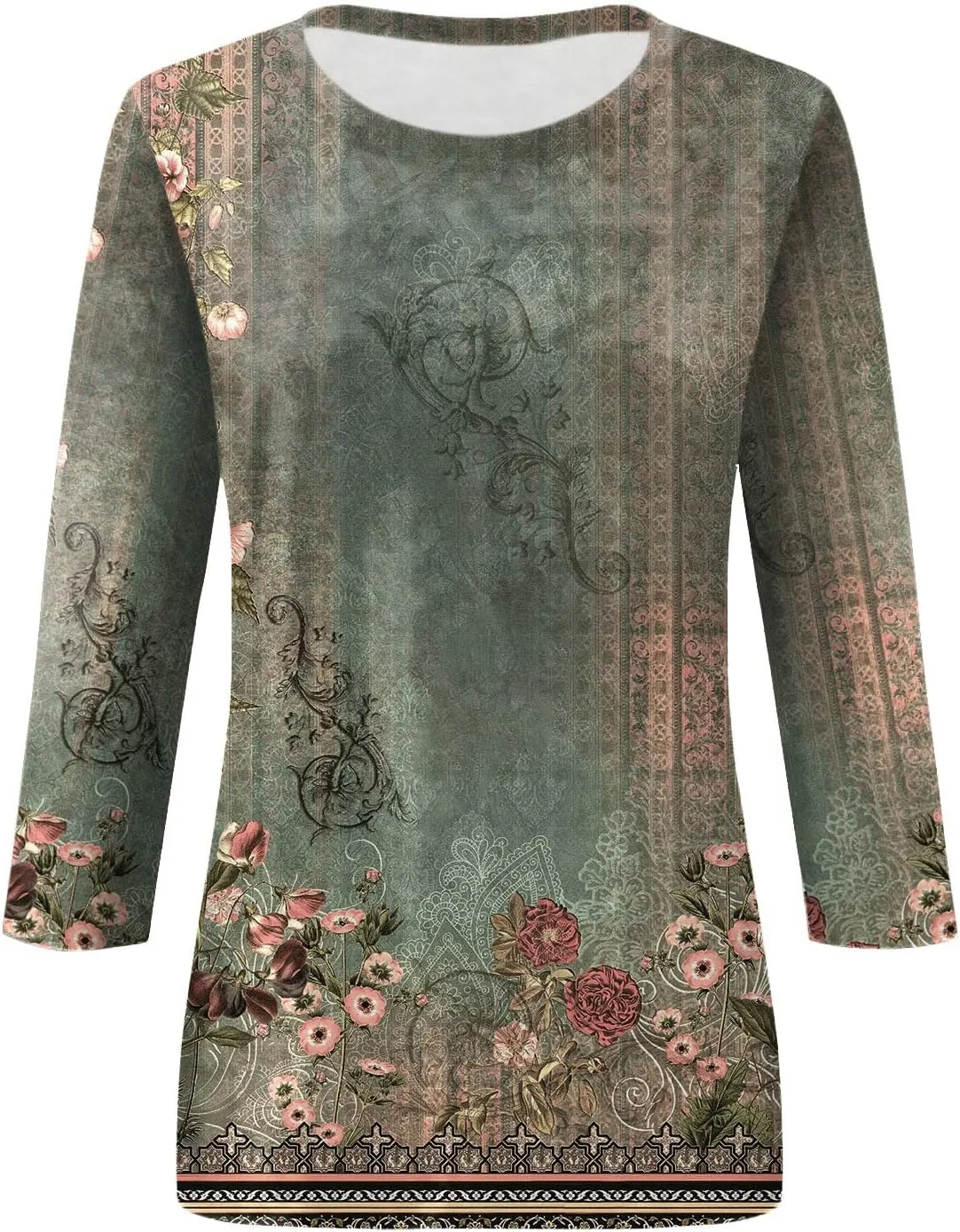Shirts for Women Trendy 3/4 Sleeve Crewneck Cute Shirts Casual Print Three Guarter Length T Shirt Summer Pullover