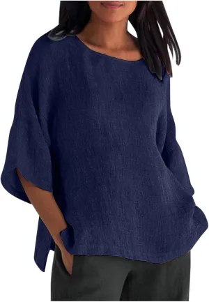 Shirts for Women Trendy Crew Neck 3/4 Sleeve Tops Casual Solid Loose Fitted Boho Shirts Beach Hawaiian Blouses Tops