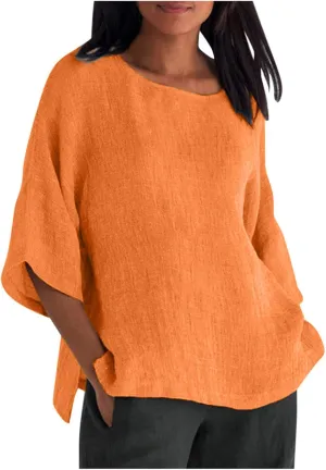 Shirts for Women Trendy Crew Neck 3/4 Sleeve Tops Casual Solid Loose Fitted Boho Shirts Beach Hawaiian Blouses Tops