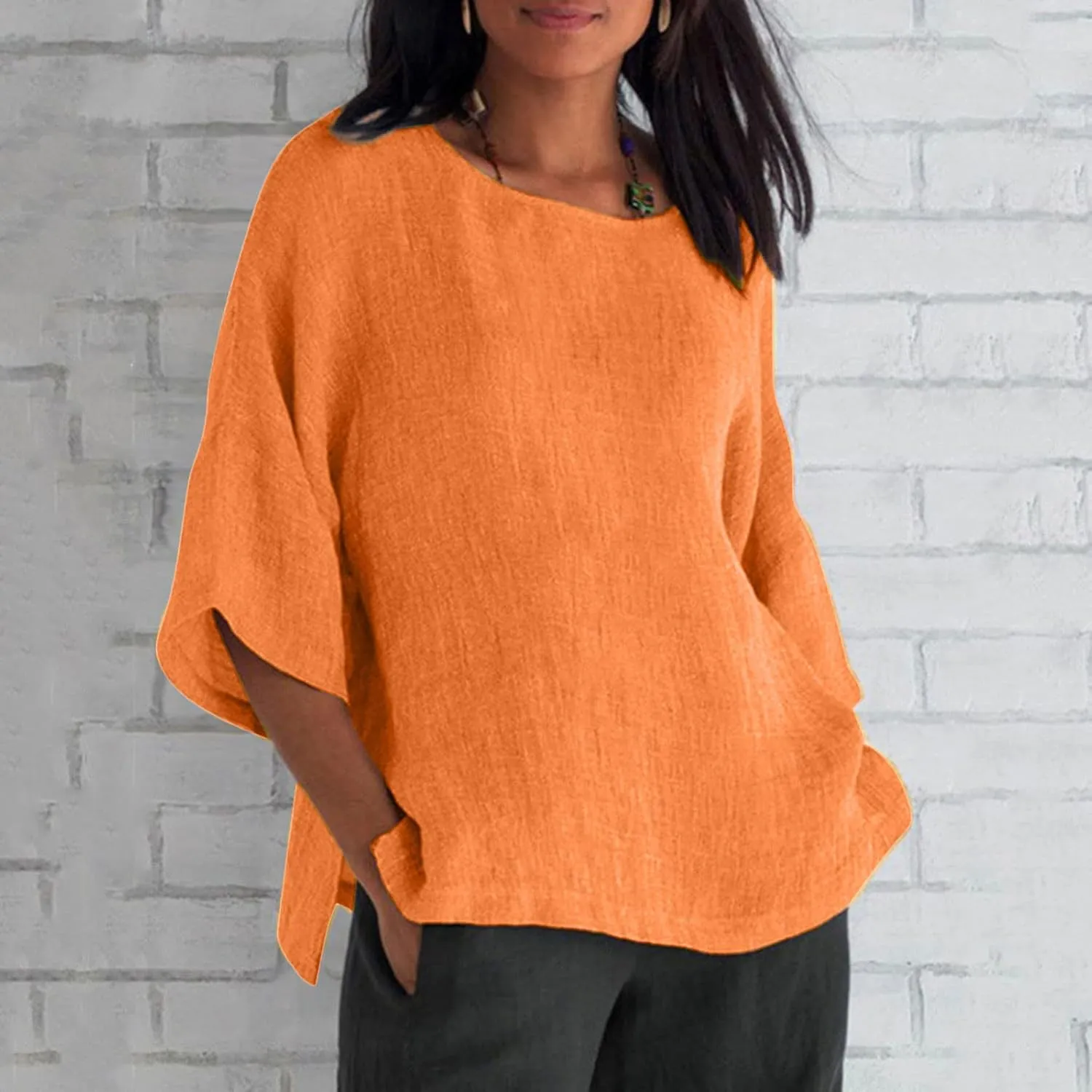 Shirts for Women Trendy Crew Neck 3/4 Sleeve Tops Casual Solid Loose Fitted Boho Shirts Beach Hawaiian Blouses Tops
