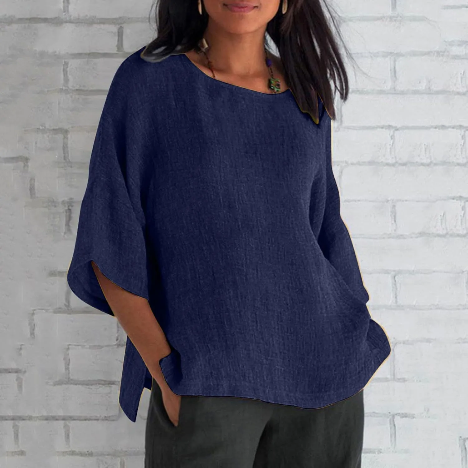 Shirts for Women Trendy Crew Neck 3/4 Sleeve Tops Casual Solid Loose Fitted Boho Shirts Beach Hawaiian Blouses Tops