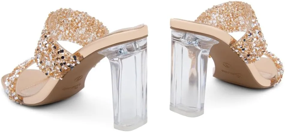 Shoe Land Brienna Women's Clear Heels Chunky Block Heeled Slides Open Toe Two Band Slip-On Mules  Dressy Heeled Sandals for Prom, Wedding, and Party