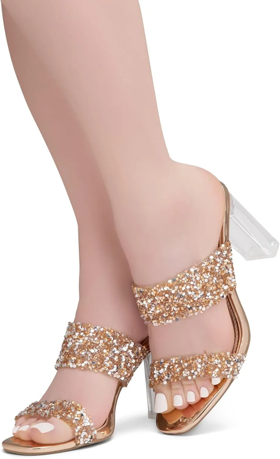Shoe Land Brienna Women's Clear Heels Chunky Block Heeled Slides Open Toe Two Band Slip-On Mules  Dressy Heeled Sandals for Prom, Wedding, and Party
