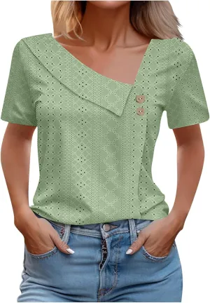 Short Sleeve Blouses for Women Trendy Elegant Dressy Casual Eyelet Shirts Solid Color V Neck Loose Fitted Eyelet Tops