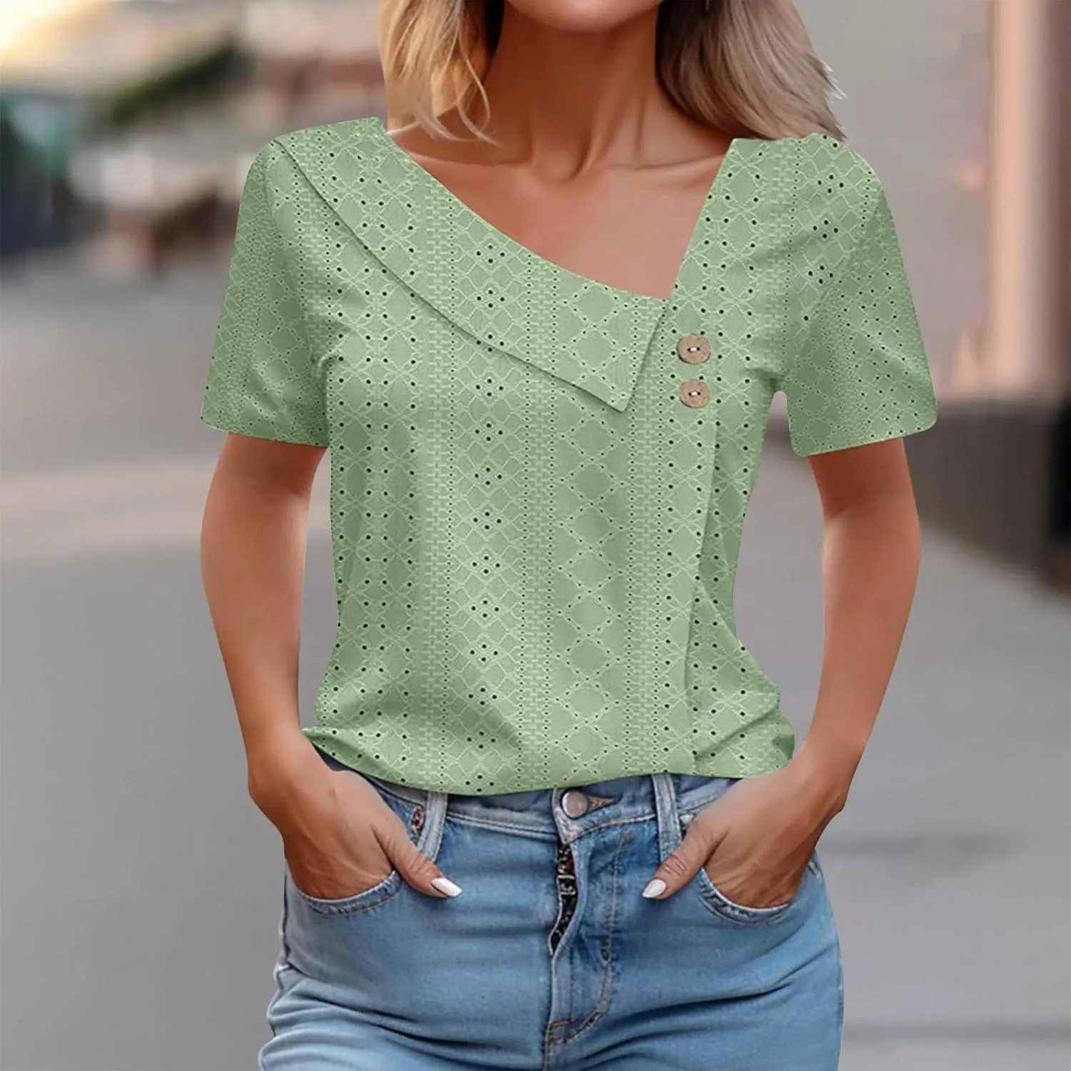 Short Sleeve Blouses for Women Trendy Elegant Dressy Casual Eyelet Shirts Solid Color V Neck Loose Fitted Eyelet Tops