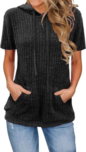 Short Sleeve Hoodies for Women Pullover Oversized Sweatshirts Trendy Casual Shirts Tunic Tops with Pockets Clothes Outfits