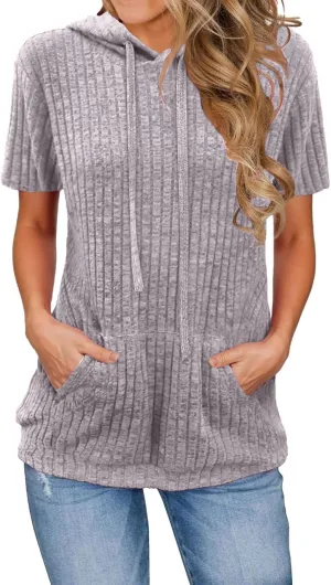 Short Sleeve Hoodies for Women Pullover Oversized Sweatshirts Trendy Casual Shirts Tunic Tops with Pockets Clothes Outfits