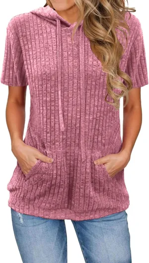 Short Sleeve Hoodies for Women Pullover Oversized Sweatshirts Trendy Casual Shirts Tunic Tops with Pockets Clothes Outfits