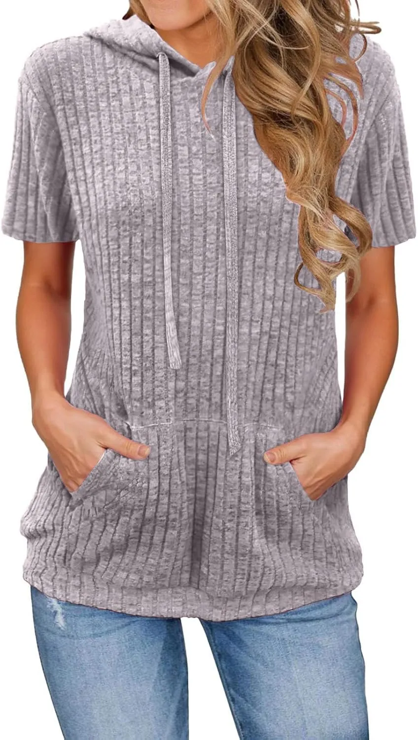 Short Sleeve Hoodies for Women Pullover Oversized Sweatshirts Trendy Casual Shirts Tunic Tops with Pockets Clothes Outfits