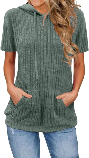 Short Sleeve Hoodies for Women Pullover Oversized Sweatshirts Trendy Casual Shirts Tunic Tops with Pockets Clothes Outfits