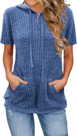 Short Sleeve Hoodies for Women Pullover Oversized Sweatshirts Trendy Casual Shirts Tunic Tops with Pockets Clothes Outfits
