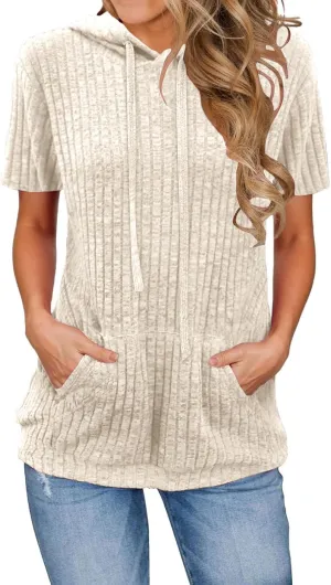 Short Sleeve Hoodies for Women Pullover Oversized Sweatshirts Trendy Casual Shirts Tunic Tops with Pockets Clothes Outfits
