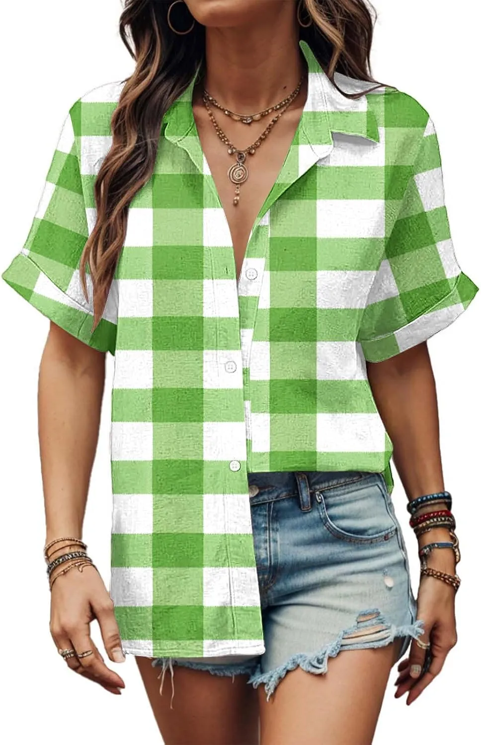 Short Sleeve Summer Tops for Women Plaid Button Down Shirts Casual Loose Fit Shirt Tops Business Work Tees Blouses