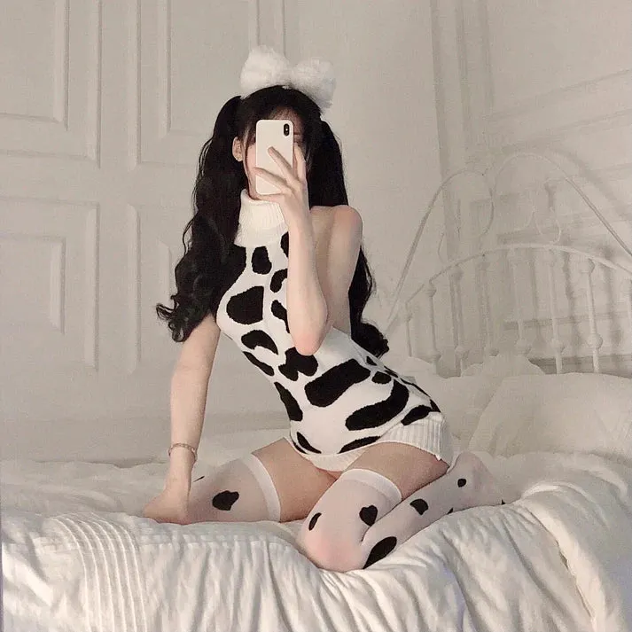 Silk Socks, Headwear Sexy Backless Cow Print Halter Sling Sleeveless Short Tight Sweater