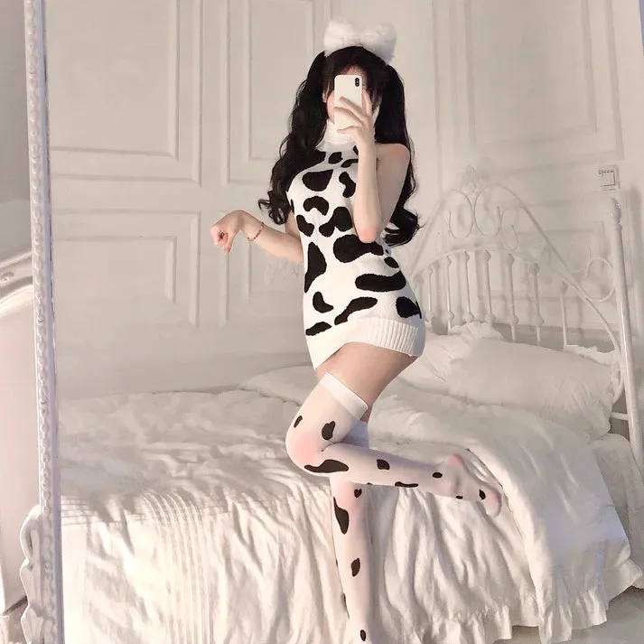 Silk Socks, Headwear Sexy Backless Cow Print Halter Sling Sleeveless Short Tight Sweater