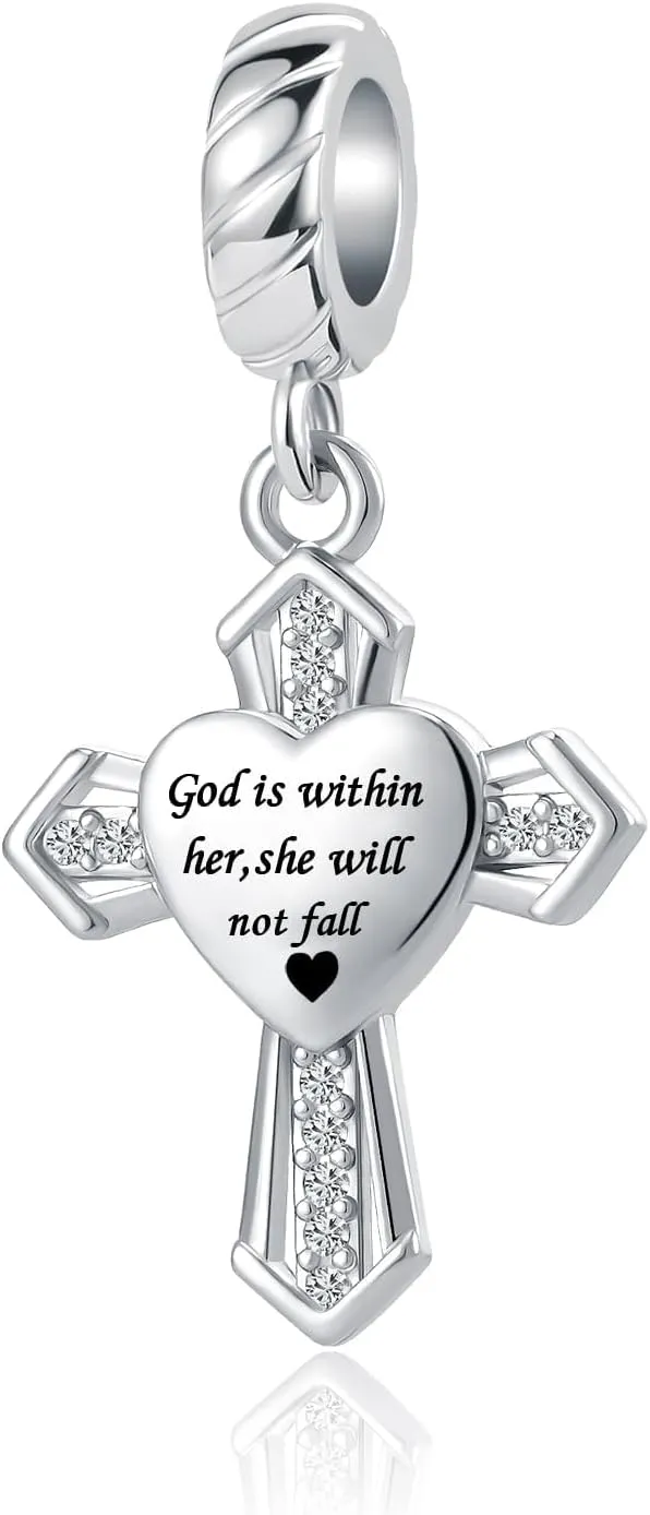 Silver Cross Charm for Pandora Bracelets Religious Bible Christian Heart Dangle Bead