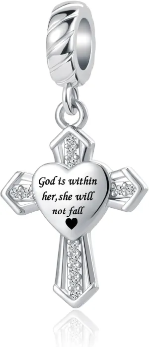 Silver Cross Charm for Pandora Bracelets Religious Bible Christian Heart Dangle Bead