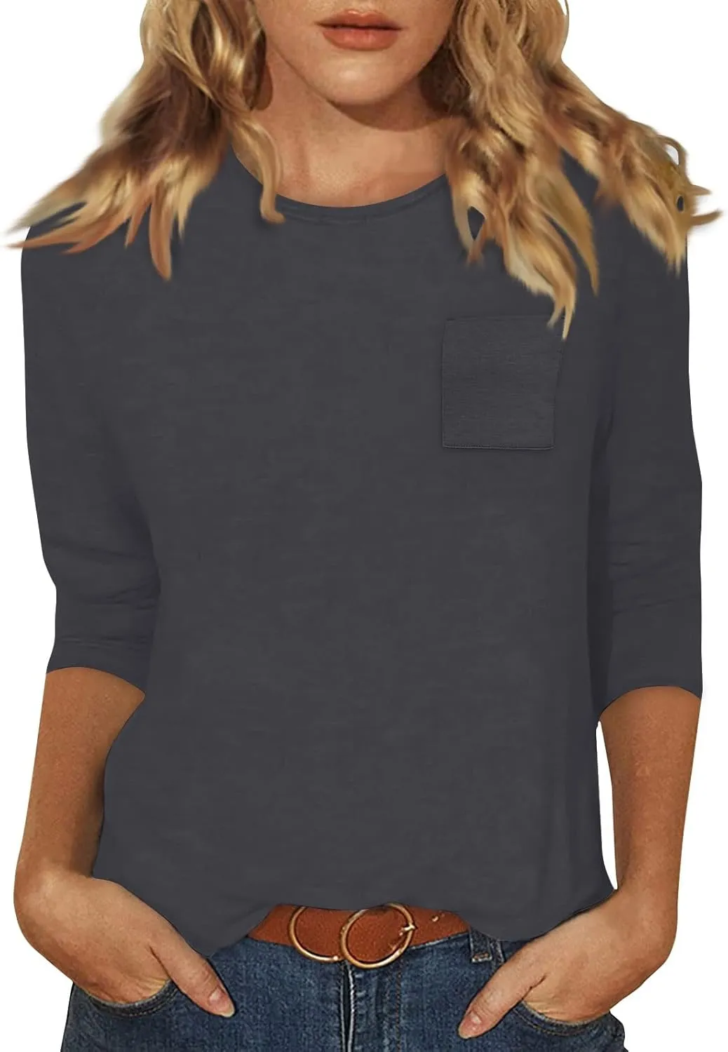 slqdgmryz 3/4 Length Sleeve Womens Tops Dressy Casual Crewneck Tshirts Shirts with Pocket Three Quarter Workout Blouses