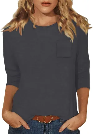 slqdgmryz 3/4 Length Sleeve Womens Tops Dressy Casual Crewneck Tshirts Shirts with Pocket Three Quarter Workout Blouses