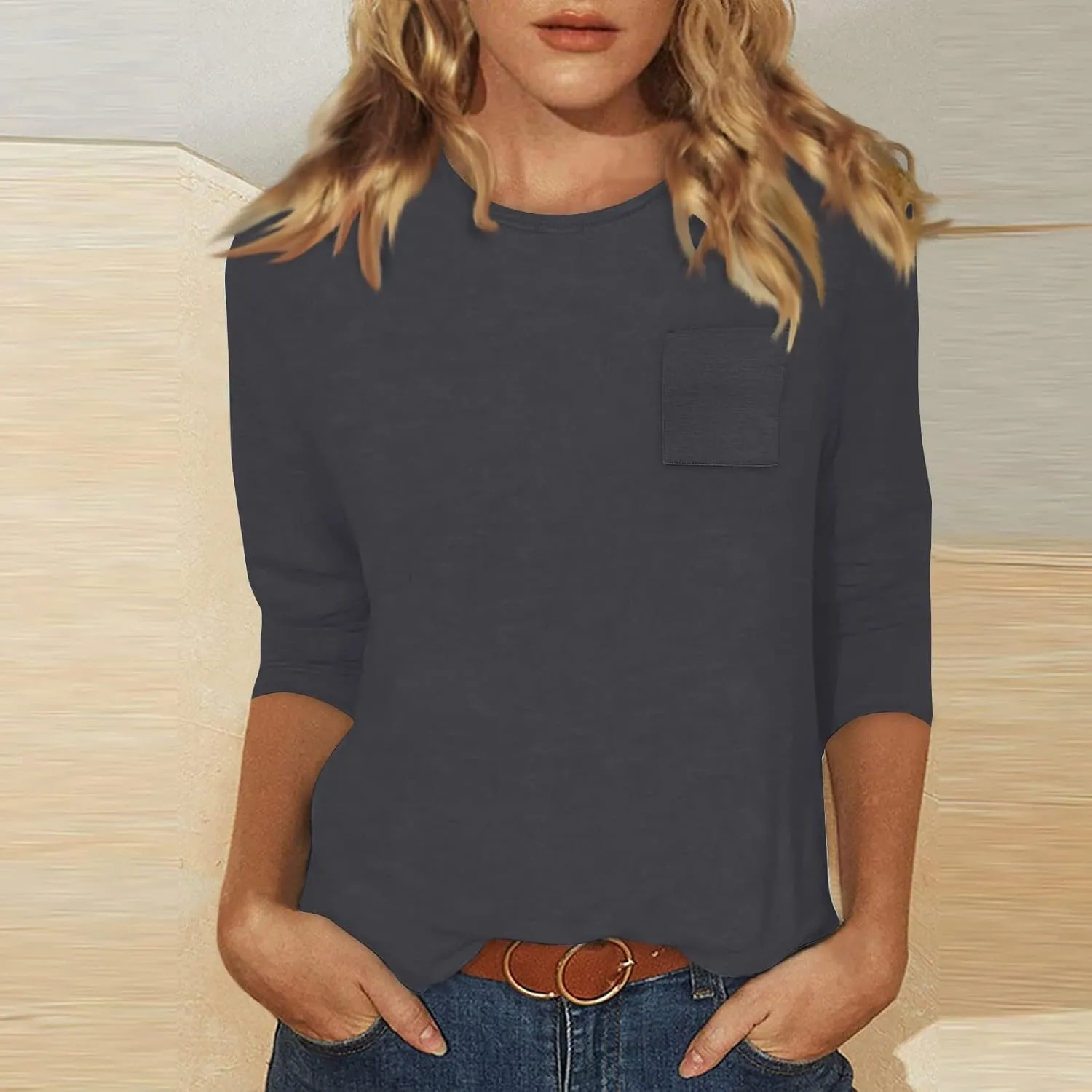 slqdgmryz 3/4 Length Sleeve Womens Tops Dressy Casual Crewneck Tshirts Shirts with Pocket Three Quarter Workout Blouses