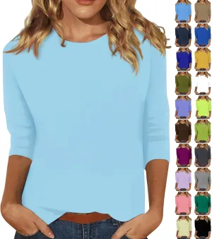 slqdgmryz 3/4 Sleeve Shirts for Women Loose Fit Crewneck Dressy Casual Tops Lightweight Solid Color Comfy Cute T Shirts