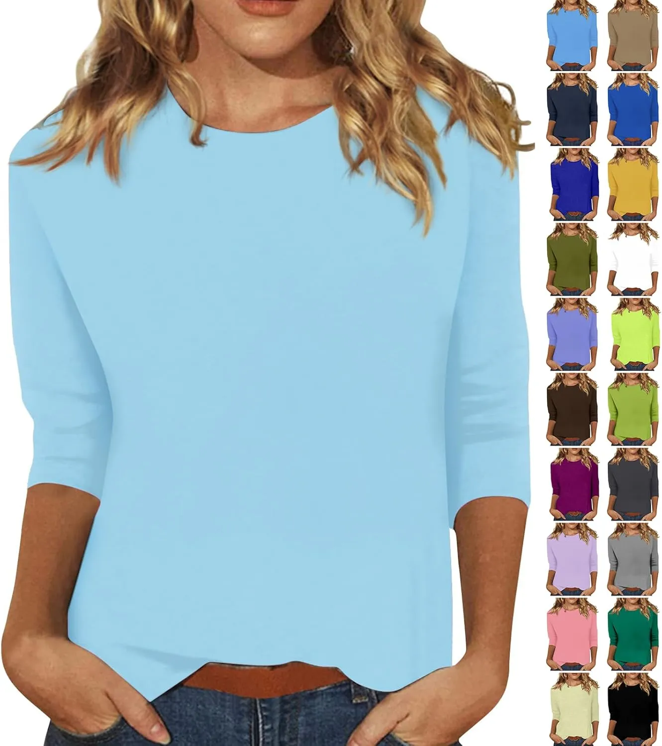 slqdgmryz 3/4 Sleeve Shirts for Women Loose Fit Crewneck Dressy Casual Tops Lightweight Solid Color Comfy Cute T Shirts
