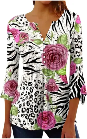 Spring Summer Tops for Women 2024 Trendy Floral Print Bohemian Shirts Casual Button Up 3/4 Sleeve Empire Waist Blouse