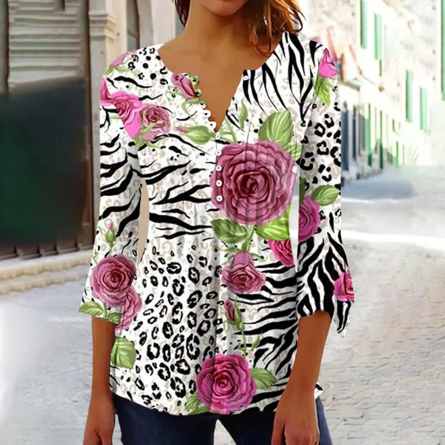 Spring Summer Tops for Women 2024 Trendy Floral Print Bohemian Shirts Casual Button Up 3/4 Sleeve Empire Waist Blouse