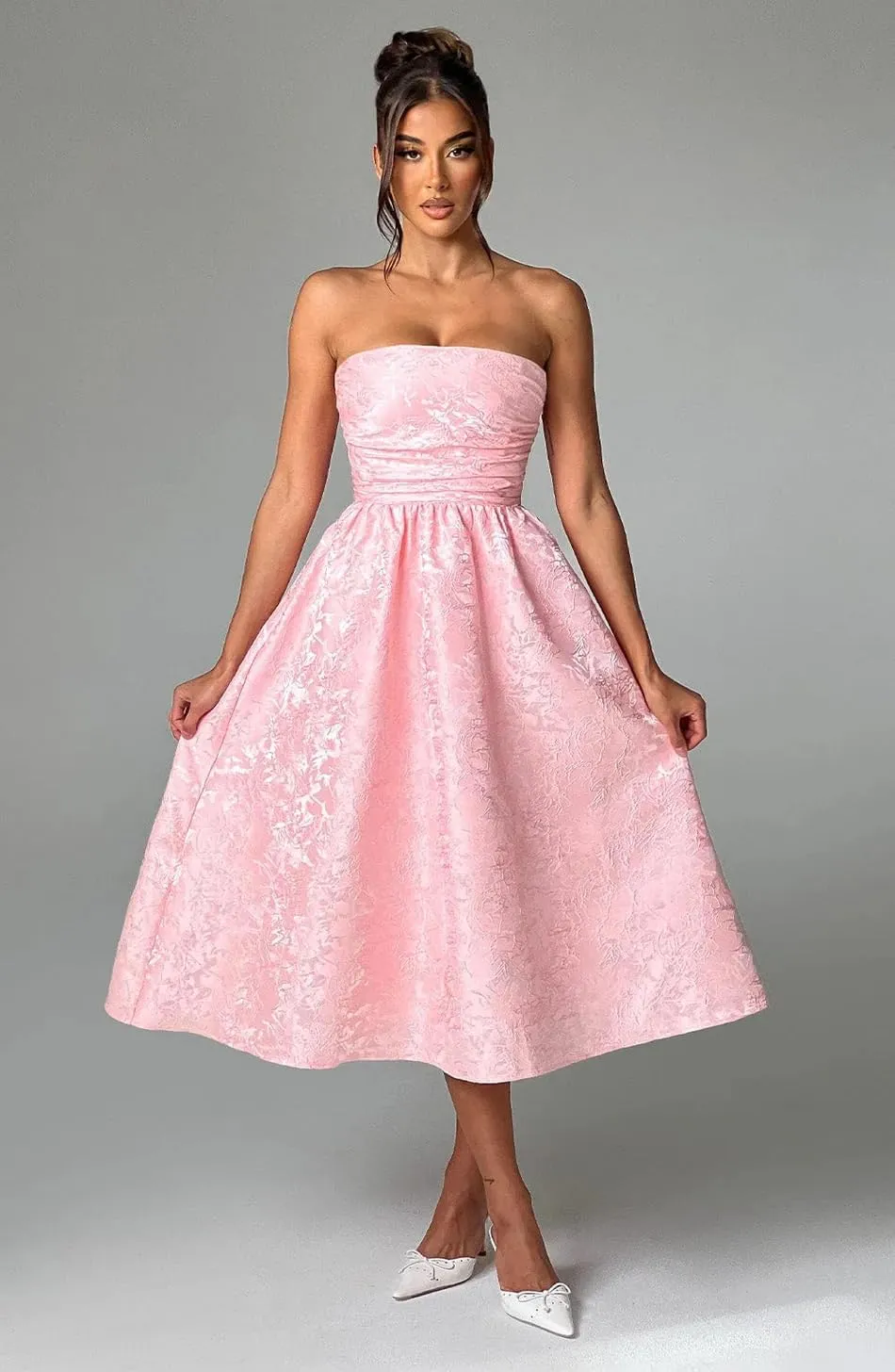 Strapless Floral Satin Prom Dresses A-Line Corset Tea Length Elegant Party Evening Gowns Formal 2025