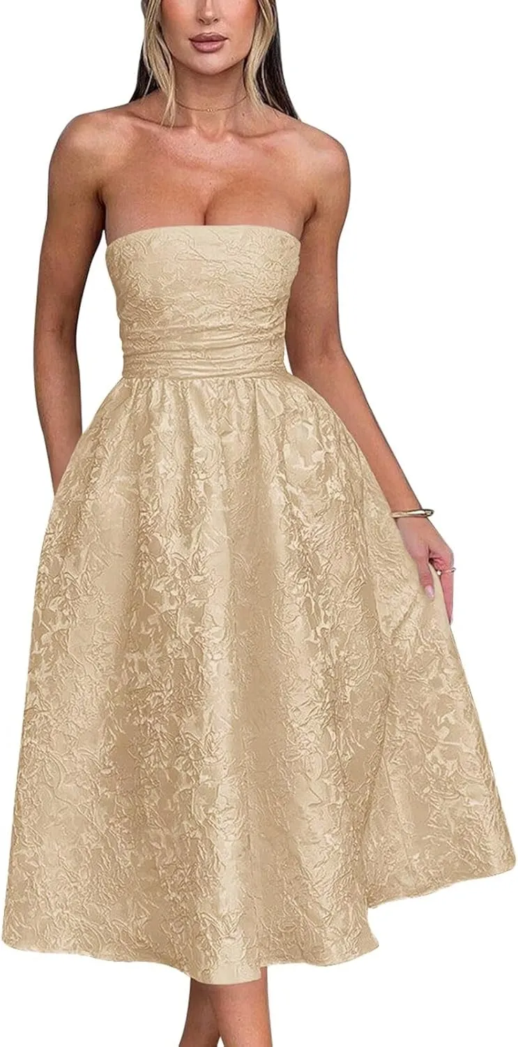 Strapless Floral Satin Prom Dresses A-Line Corset Tea Length Elegant Party Evening Gowns Formal 2025