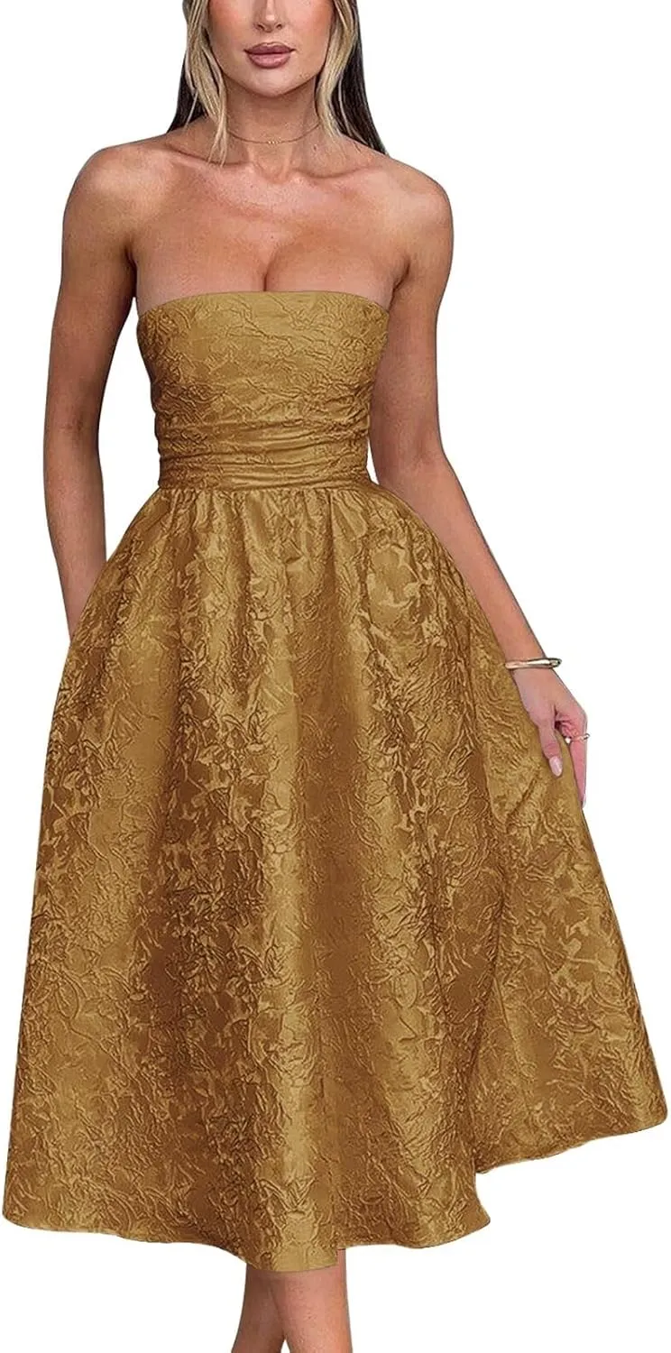 Strapless Floral Satin Prom Dresses A-Line Corset Tea Length Elegant Party Evening Gowns Formal 2025