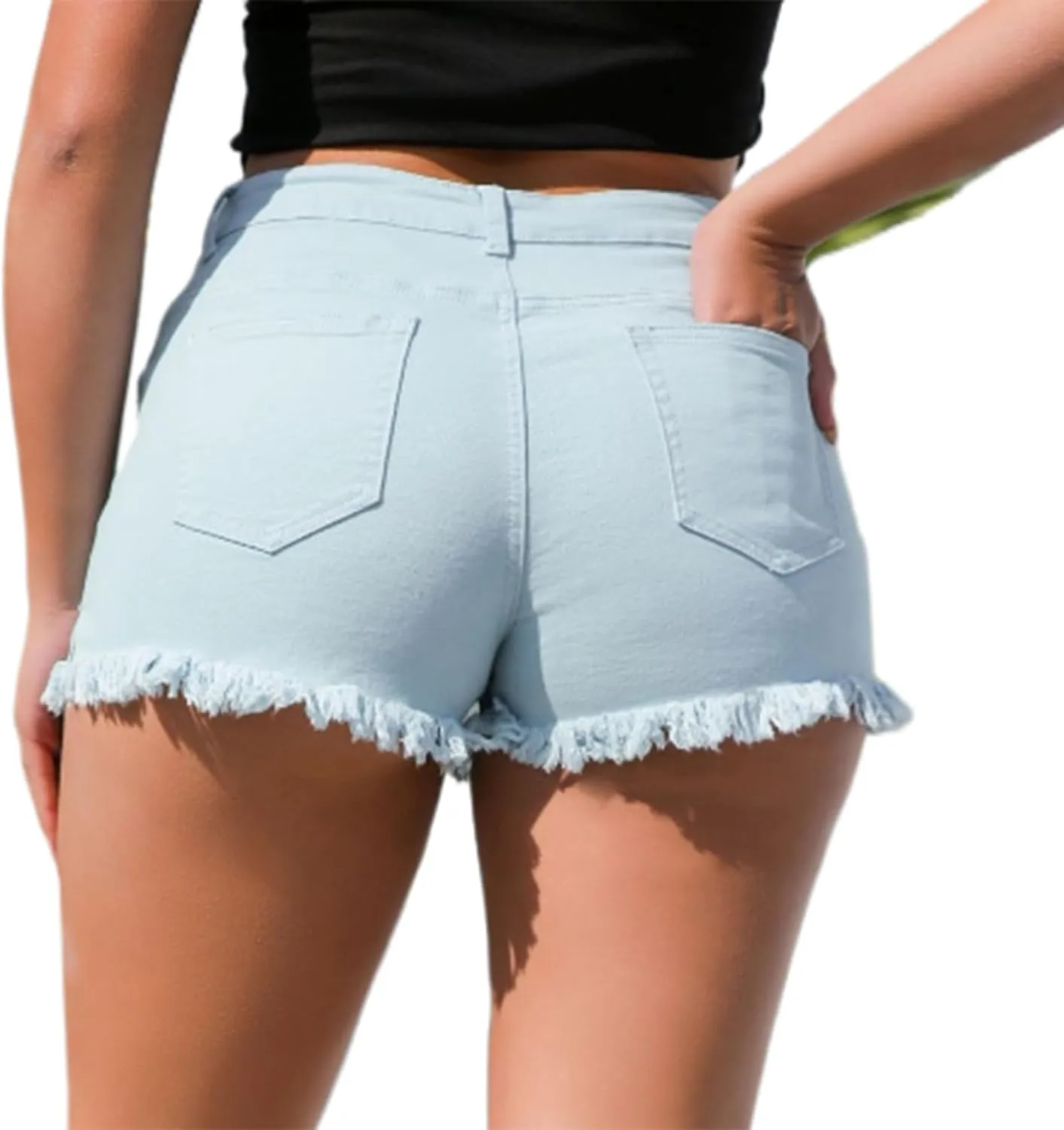 Stretchy Denim Shorts Women Frayed Raw Hemline Ripped Jean Shorts Side Slit Tummy Control High Waisted Mini Short Pants
