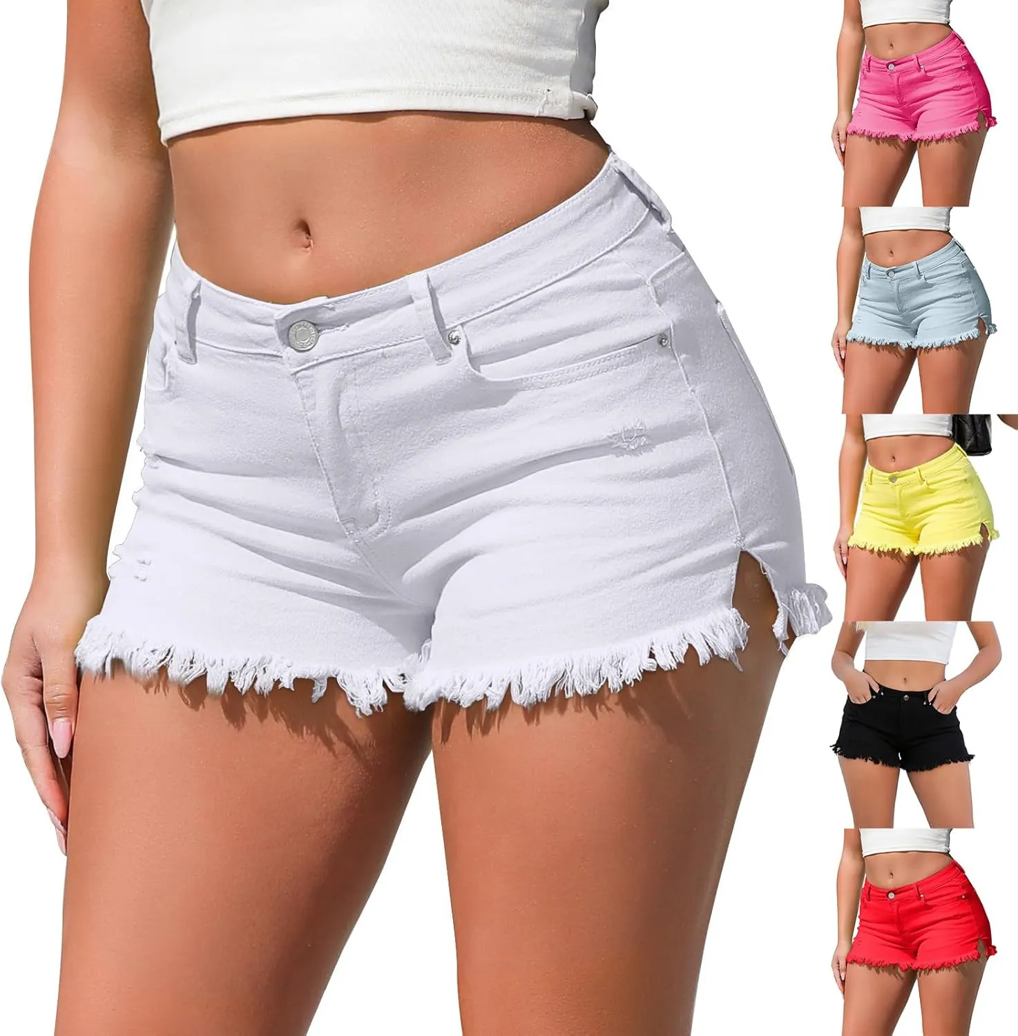 Stretchy Denim Shorts Women Frayed Raw Hemline Ripped Jean Shorts Side Slit Tummy Control High Waisted Mini Short Pants