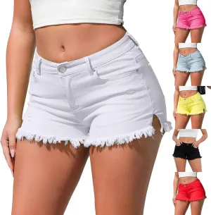 Stretchy Denim Shorts Women Frayed Raw Hemline Ripped Jean Shorts Side Slit Tummy Control High Waisted Mini Short Pants