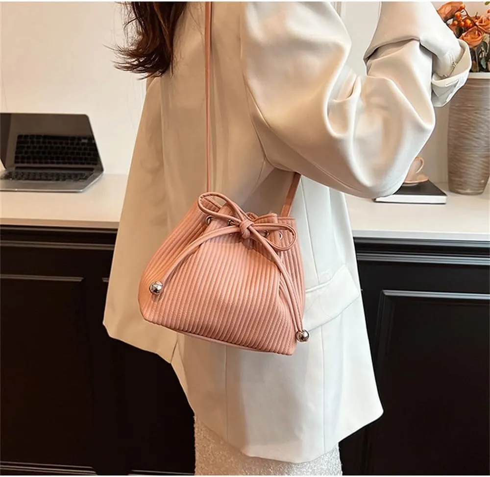 Stripe Drawstring Bucket Bag Small Leather Crossbody Hobo Bucket Satchel Bag Casual Lightweight Drawstring Daypack Purse