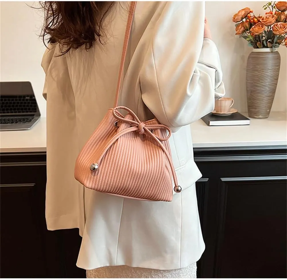 Stripe Drawstring Bucket Bag Small Leather Crossbody Hobo Bucket Satchel Bag Casual Lightweight Drawstring Daypack Purse
