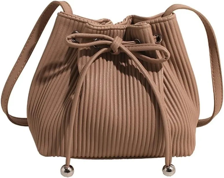 Stripe Drawstring Bucket Bag Small Leather Crossbody Hobo Bucket Satchel Bag Casual Lightweight Drawstring Daypack Purse