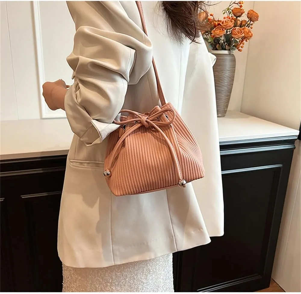 Stripe Drawstring Bucket Bag Small Leather Crossbody Hobo Bucket Satchel Bag Casual Lightweight Drawstring Daypack Purse