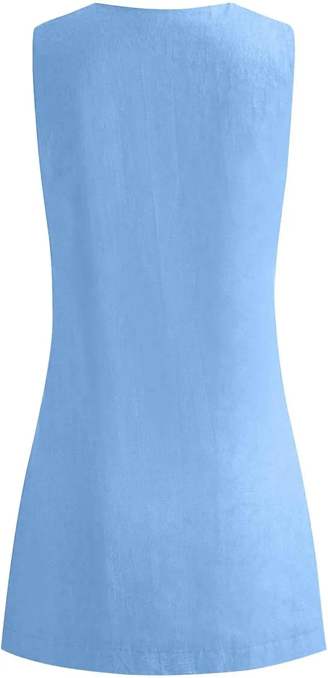Summer Dresses for Women 2025 Cotton Linen Deep V Neck Sleeveless Sundresses Shift Mini Dress Vacation Sun Dresses