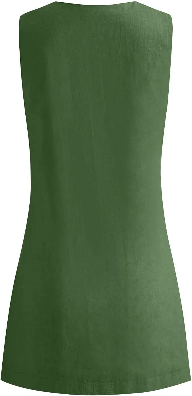 Summer Dresses for Women 2025 Cotton Linen Deep V Neck Sleeveless Sundresses Shift Mini Dress Vacation Sun Dresses