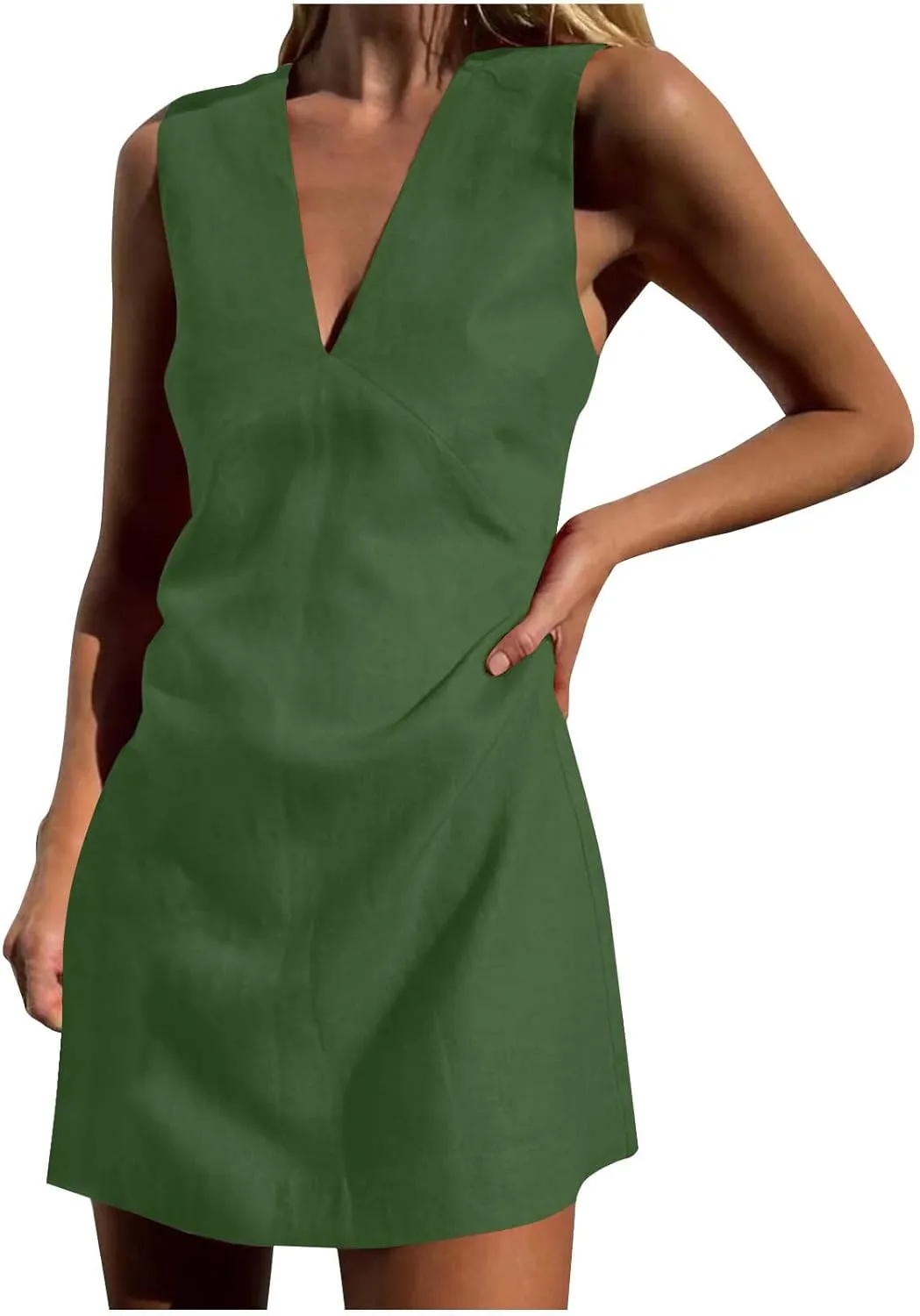 Summer Dresses for Women 2025 Cotton Linen Deep V Neck Sleeveless Sundresses Shift Mini Dress Vacation Sun Dresses
