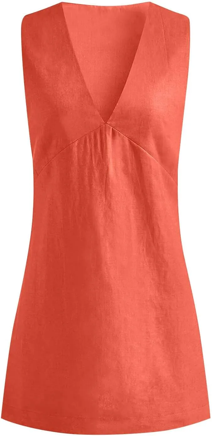 Summer Dresses for Women 2025 Cotton Linen Deep V Neck Sleeveless Sundresses Shift Mini Dress Vacation Sun Dresses