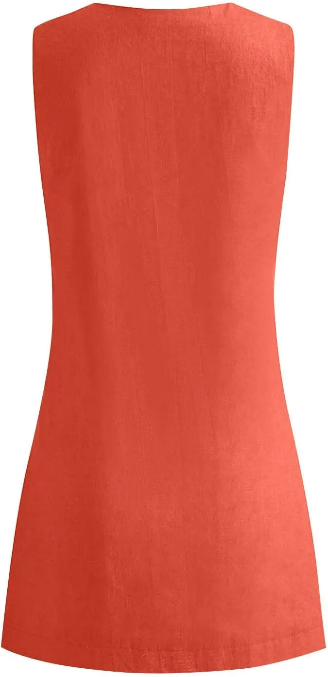 Summer Dresses for Women 2025 Cotton Linen Deep V Neck Sleeveless Sundresses Shift Mini Dress Vacation Sun Dresses