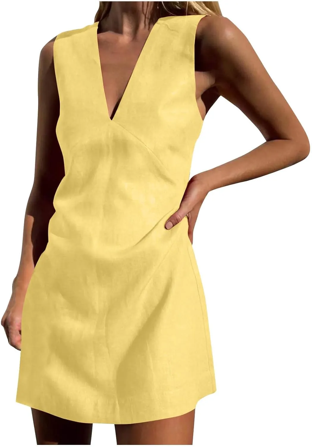 Summer Dresses for Women 2025 Cotton Linen Deep V Neck Sleeveless Sundresses Shift Mini Dress Vacation Sun Dresses